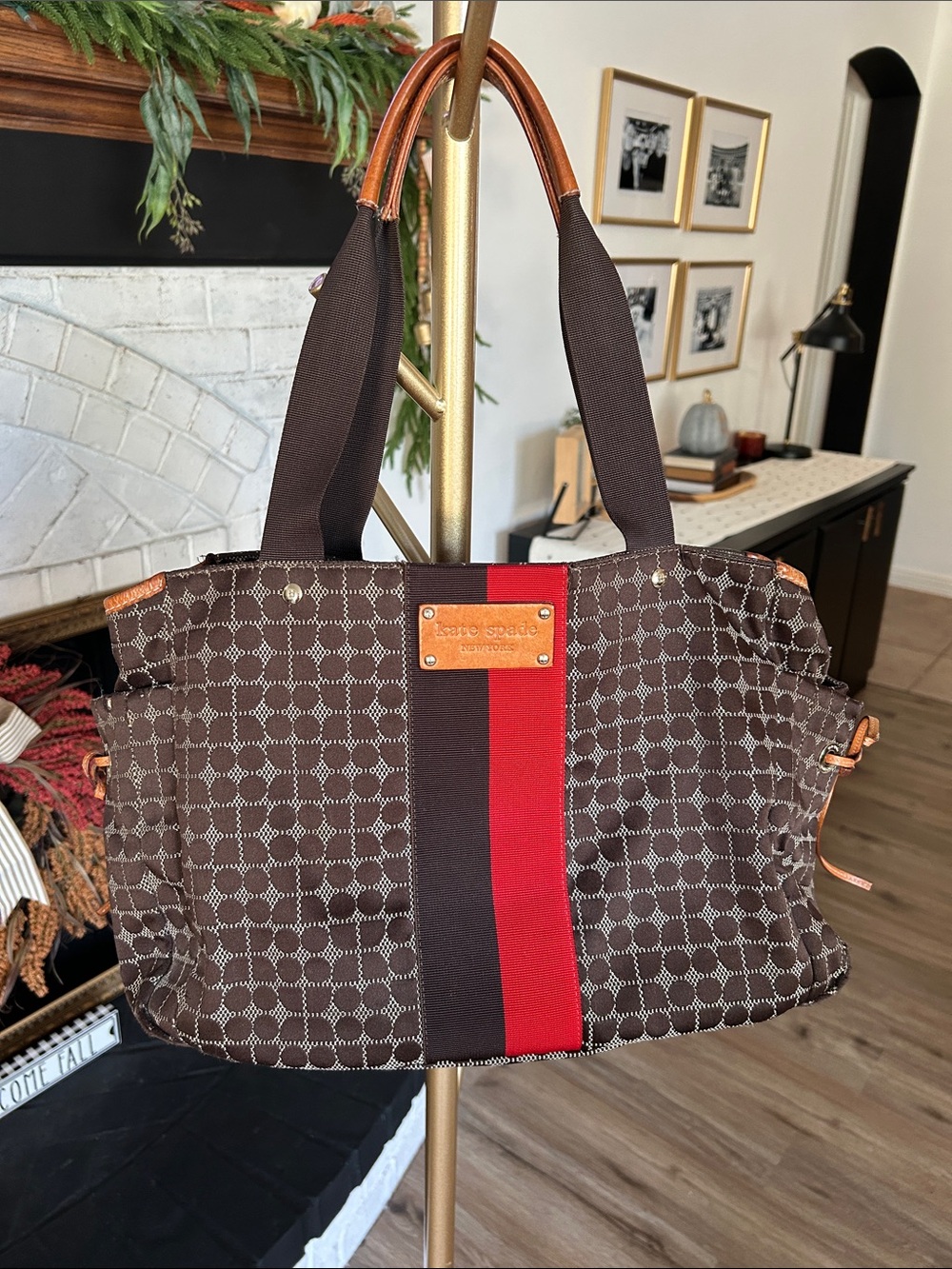Kate Spade ♠️ New York Brown Tote with Red & Brown Center Stripe